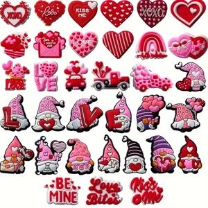 NIB! Set of 34 Valentine’s Day Shoe Charms with Gnomes, Hearts and More!